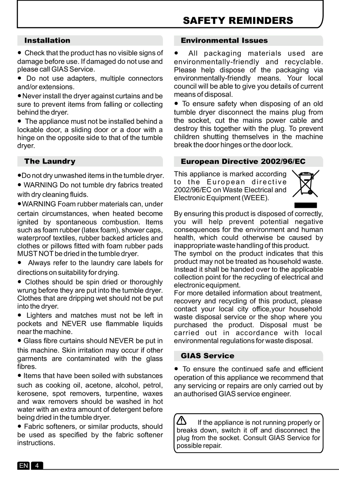 Hoover DYC 88132BXC manual Safety Reminders, Installation Environmental Issues, Laundry, European Directive 2002/96/EC 