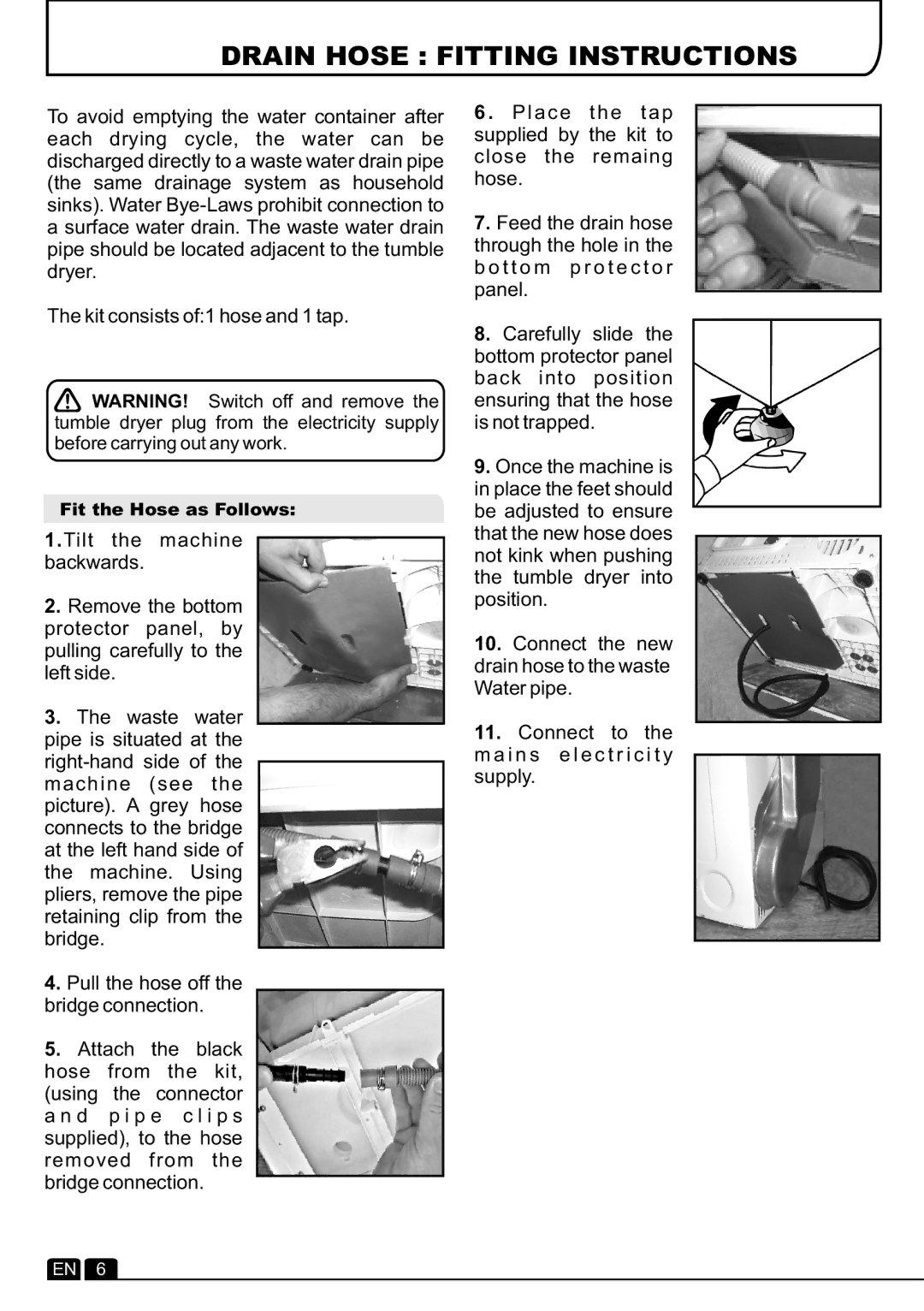 Hoover DYC 88132BXC manual Drain Hose Fitting Instructions 