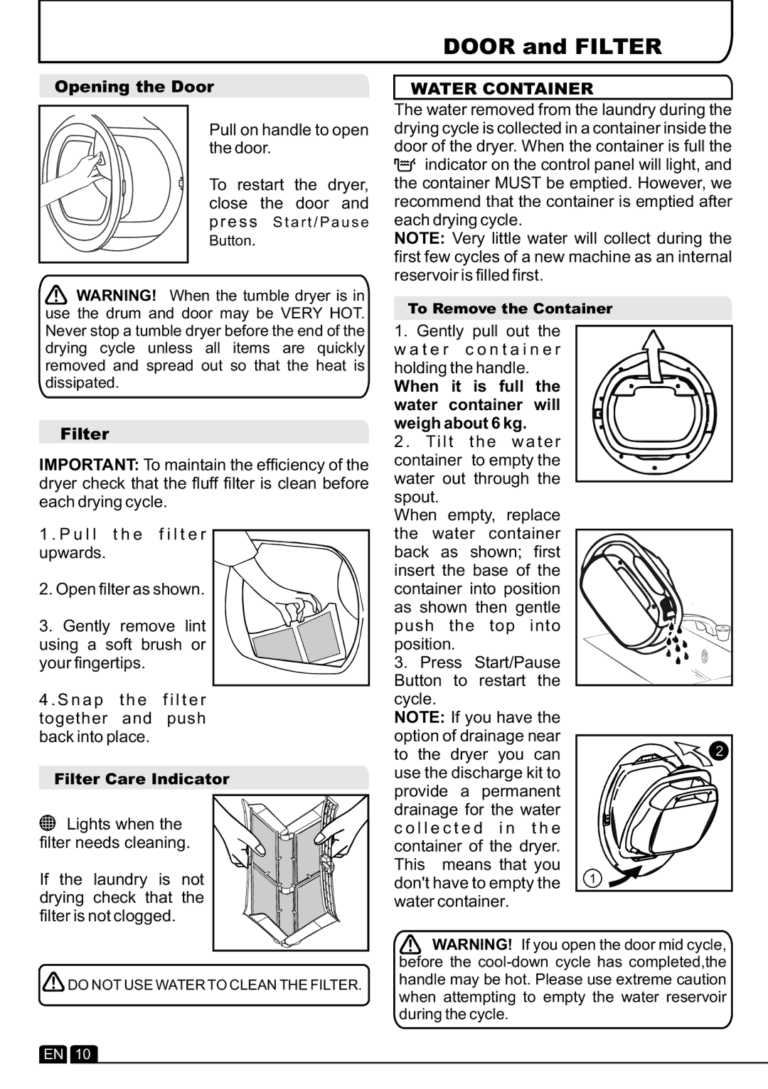 Hoover DYC 8813B manual Opening the Door, Pull on handle to open the door, Filter, Water Container 