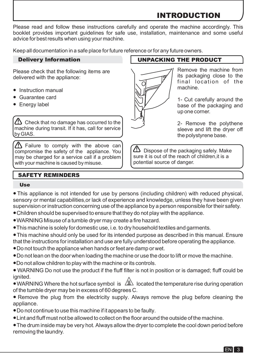 Hoover DYC 893B manual Introduction, Delivery Information, Unpacking the Product, Safety Reminders 