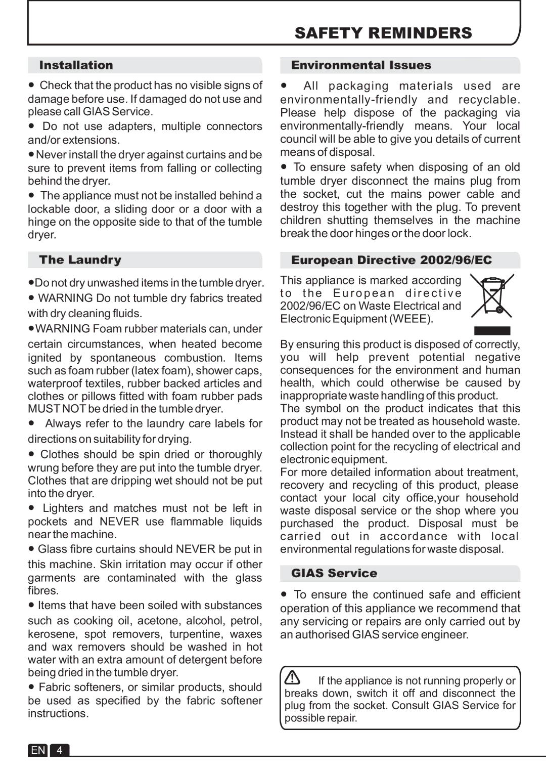 Hoover DYC 893B Safety Reminders, Installation Environmental Issues, Laundry, European Directive 2002/96/EC, Gias Service 