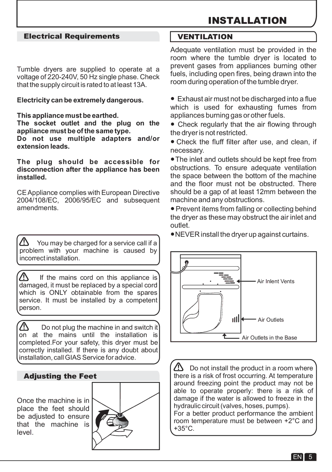 Hoover DYC 893B manual Installation, Electrical Requirements, Ventilation, Adjusting the Feet 