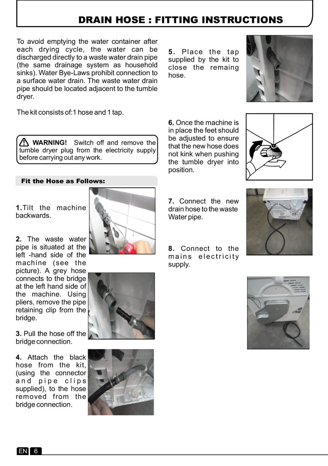 Hoover DYC 893B manual Drain Hose Fitting Instructions 