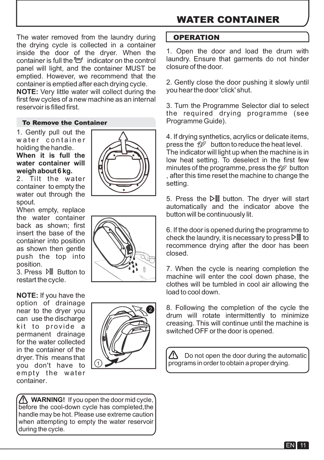 Hoover DYC 9913AX manual Water Container, When it is full the water container will, Operation 