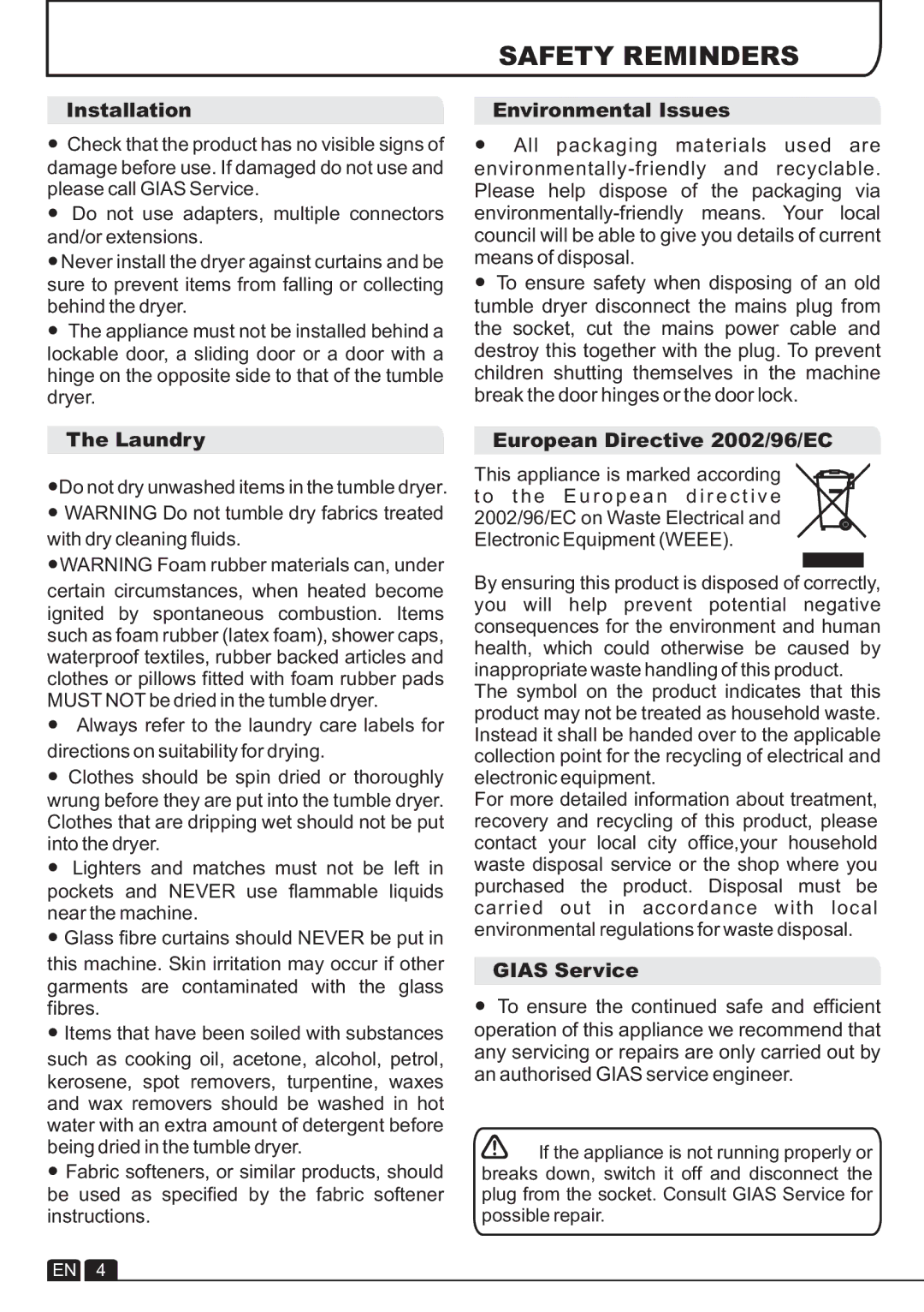 Hoover DYC 9913AX manual Safety Reminders, Installation Environmental Issues, Laundry, European Directive 2002/96/EC 