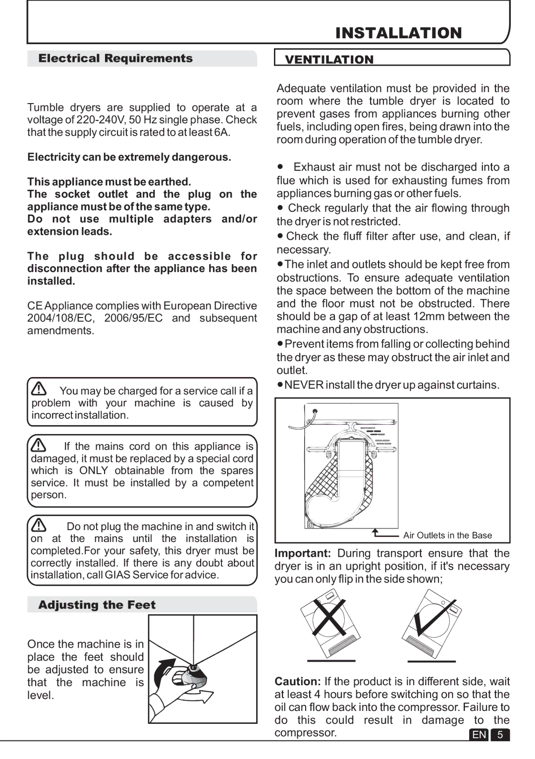 Hoover DYC 9913AX manual Installation, Electrical Requirements, Adjusting the Feet, Ventilation 