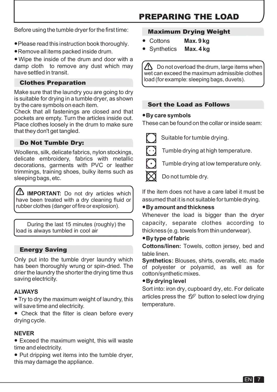 Hoover DYC 9913AX manual Preparing the Load, Always, Never 