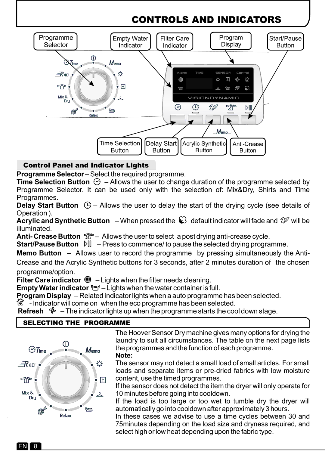 Hoover DYC 9913AX manual Controls and Indicators, Selecting the Programme 