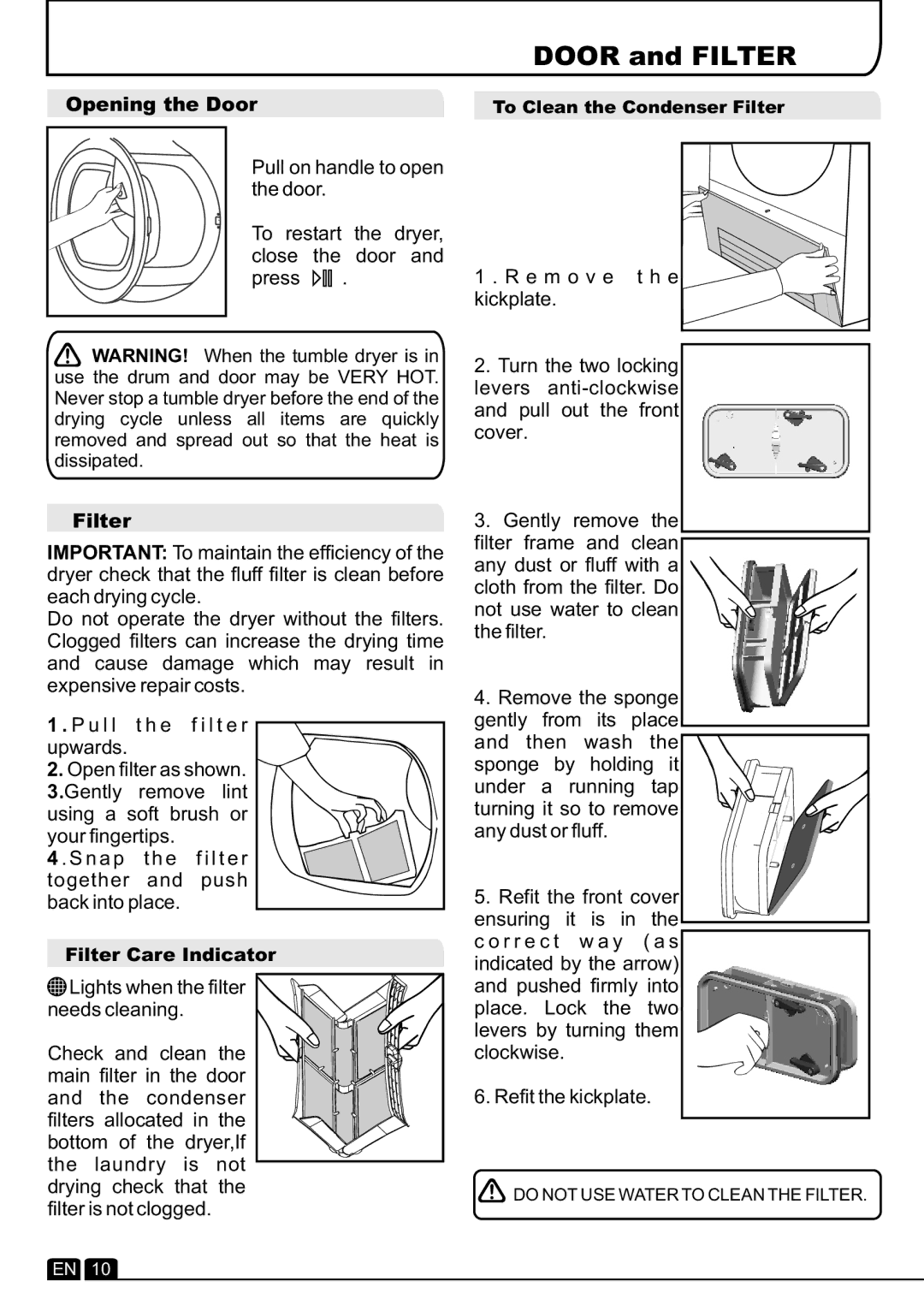 Hoover DYH 9913NA1X manual Opening the Door, Filter 