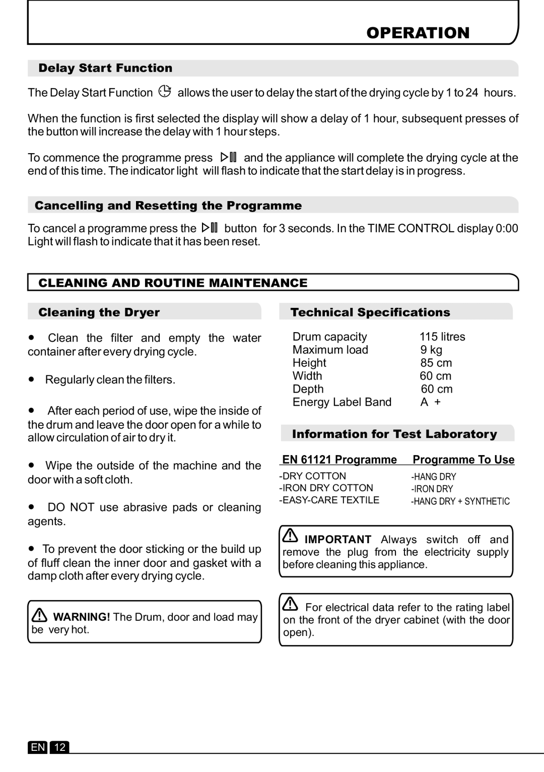 Hoover DYH 9913NA1X manual Operation, Cleaning and Routine Maintenance 