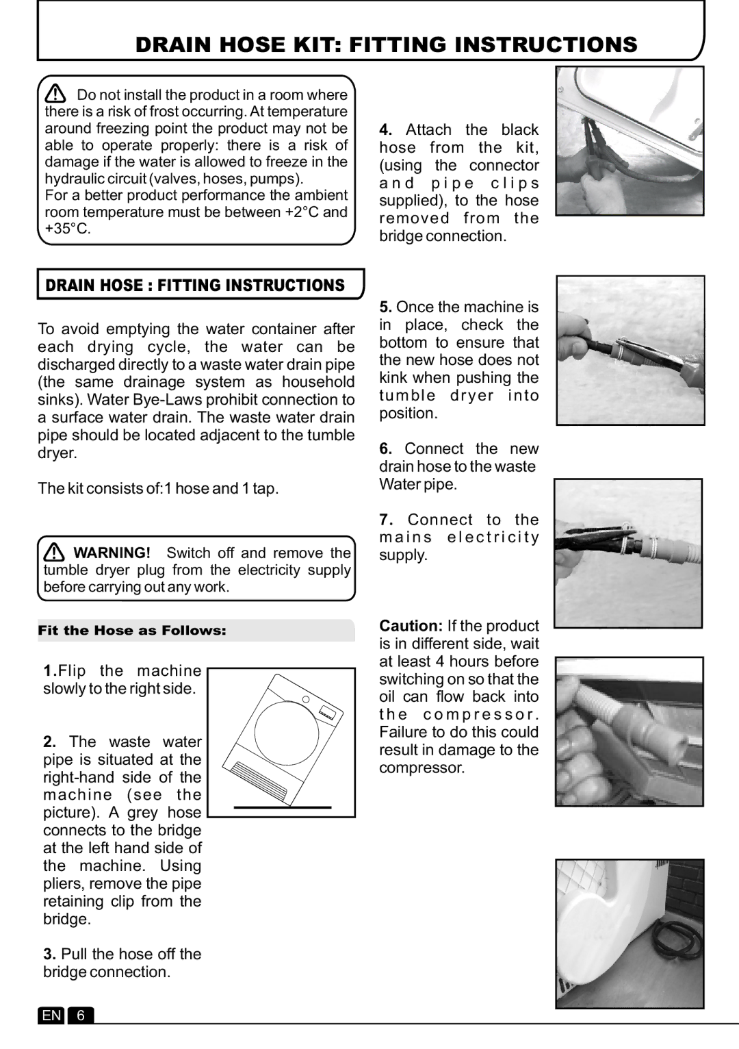 Hoover DYH 9913NA1X manual Drain Hose KIT Fitting Instructions, Drain Hose Fitting Instructions 