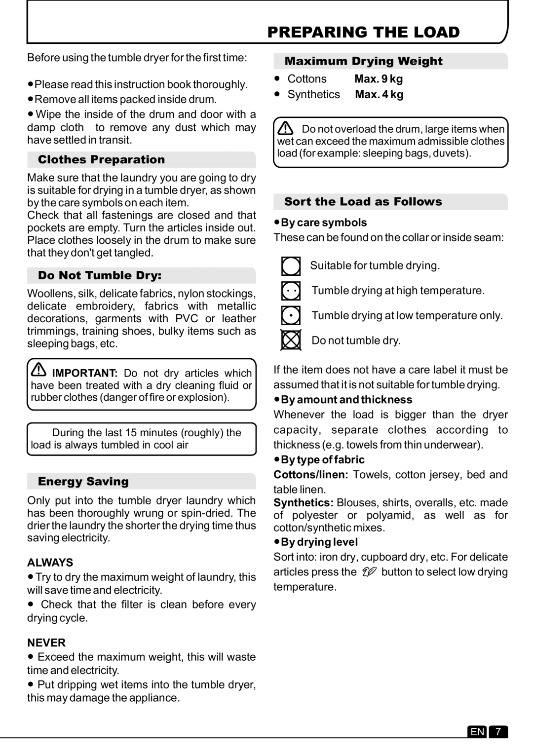 Hoover DYH 9913NA1X manual Preparing the Load, Always, Never 