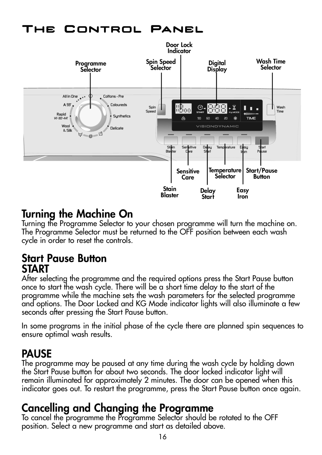 Hoover DYN D8P manual Control Panel, Turning the Machine On, Start Pause Button, Cancelling and Changing the Programme 