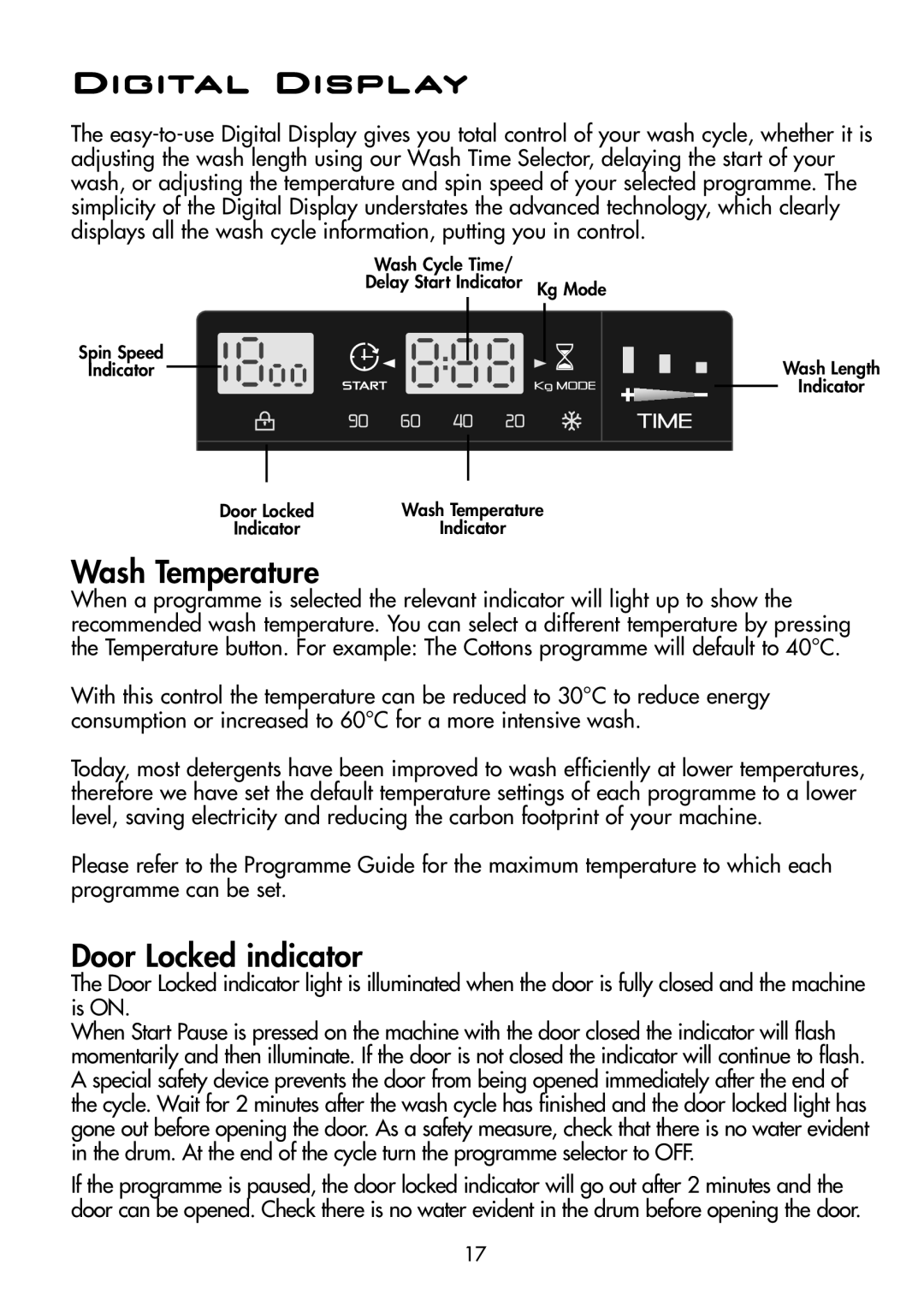 Hoover DYN D8P manual Digital Display, Wash Temperature, Door Locked indicator 