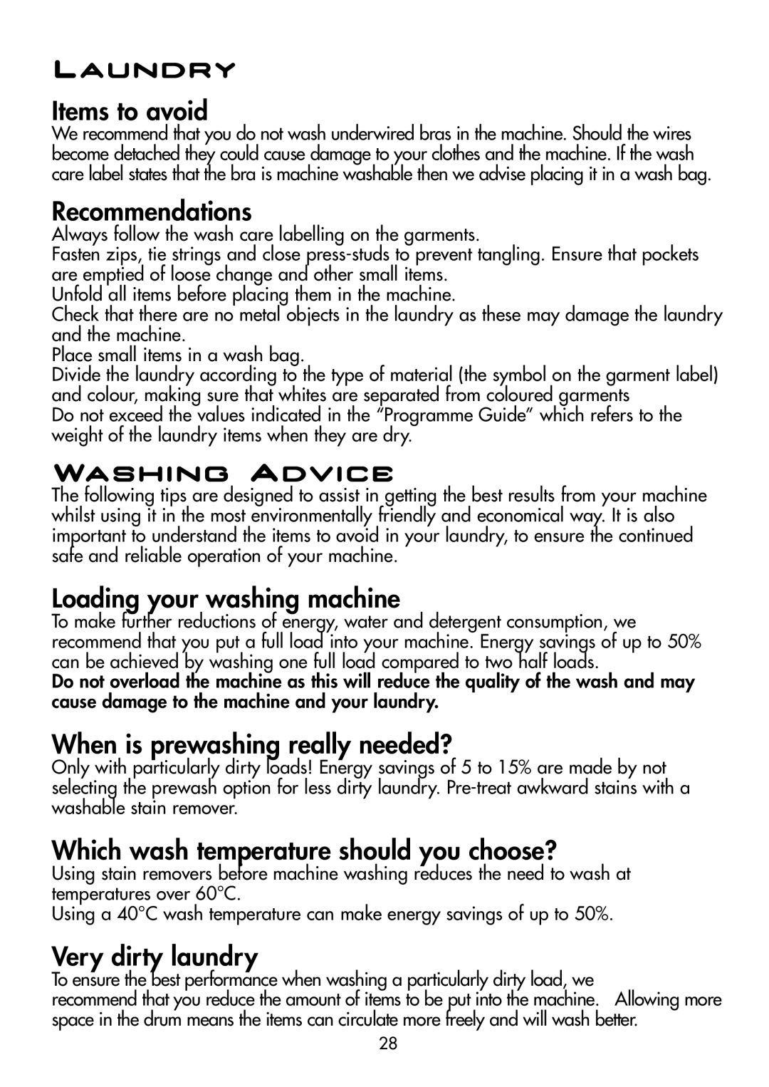 Hoover DYN D8P manual Laundry, Washing Advice 