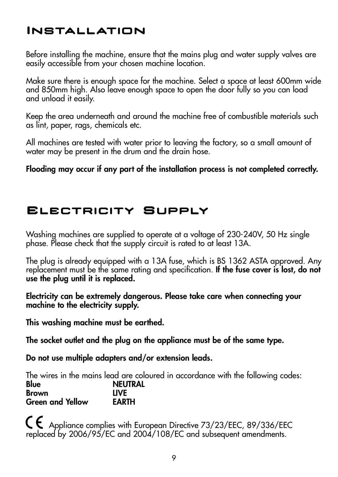 Hoover DYN D8P manual Installation, Electricity Supply 