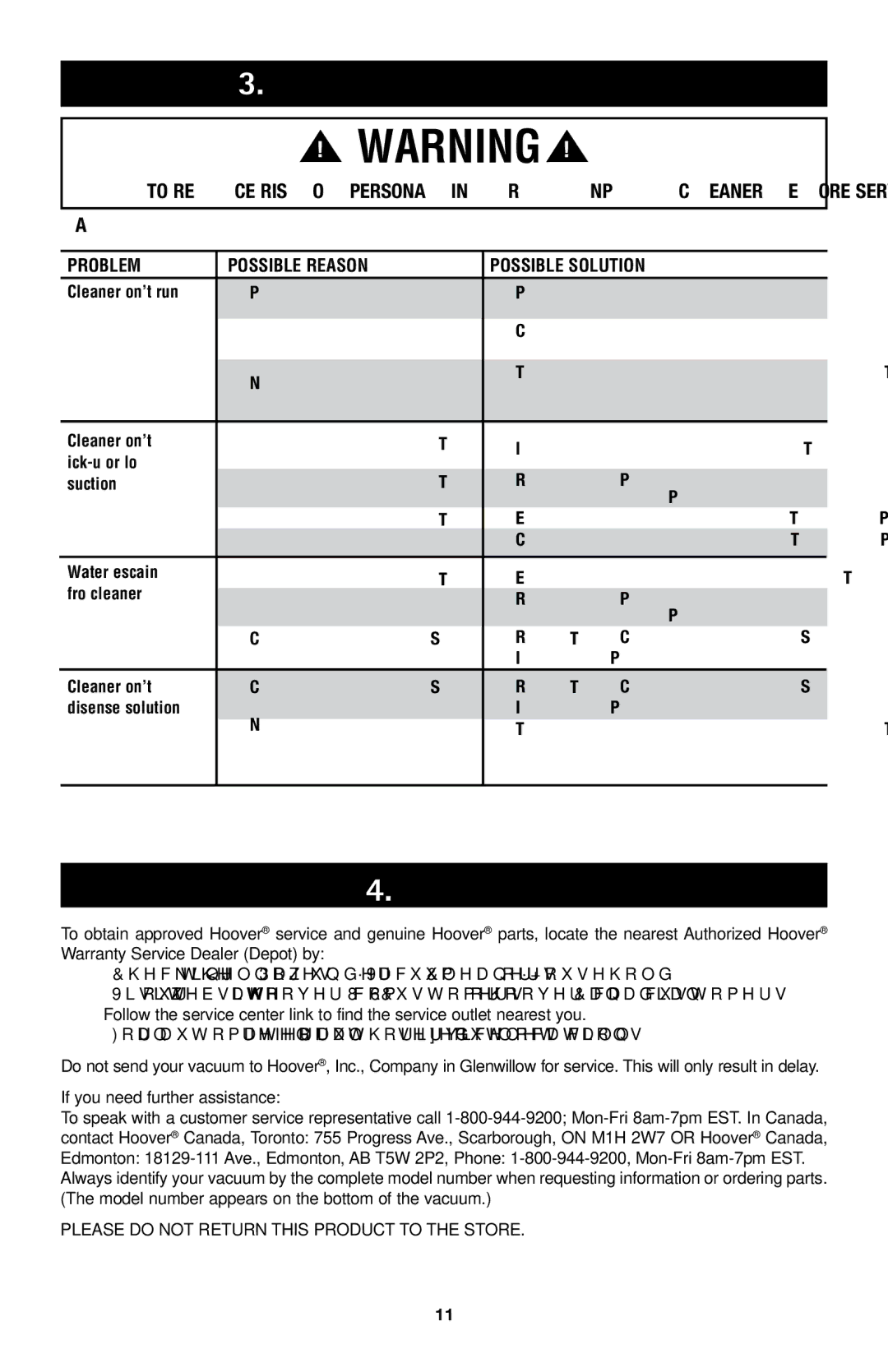 Hoover E1 owner manual Troubleshooting Guide, Service 