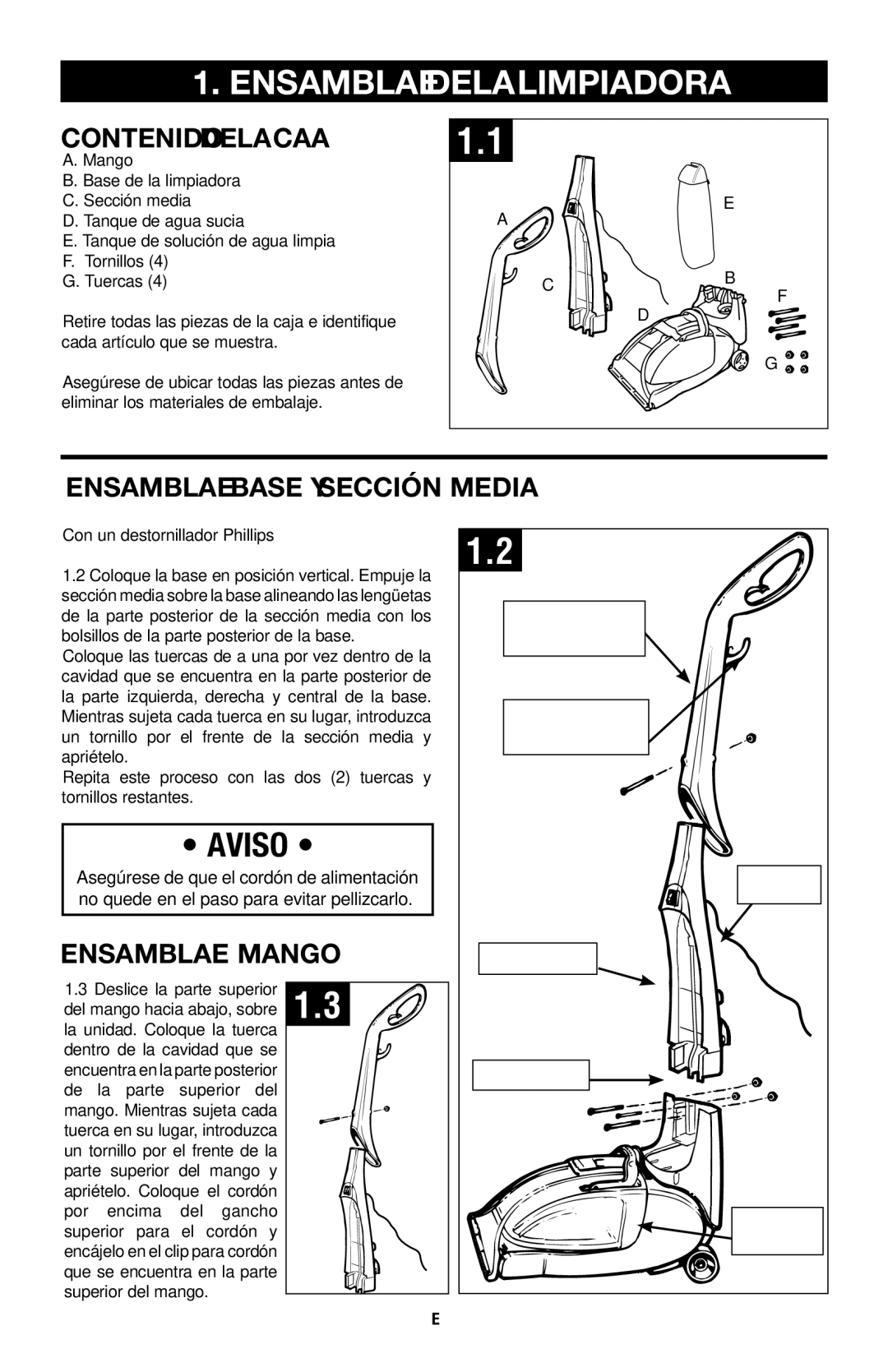 Hoover E1 owner manual Contenido DE LA Caja, Ensamblaje Base Y Sección Media, Ensamblaje Mango 