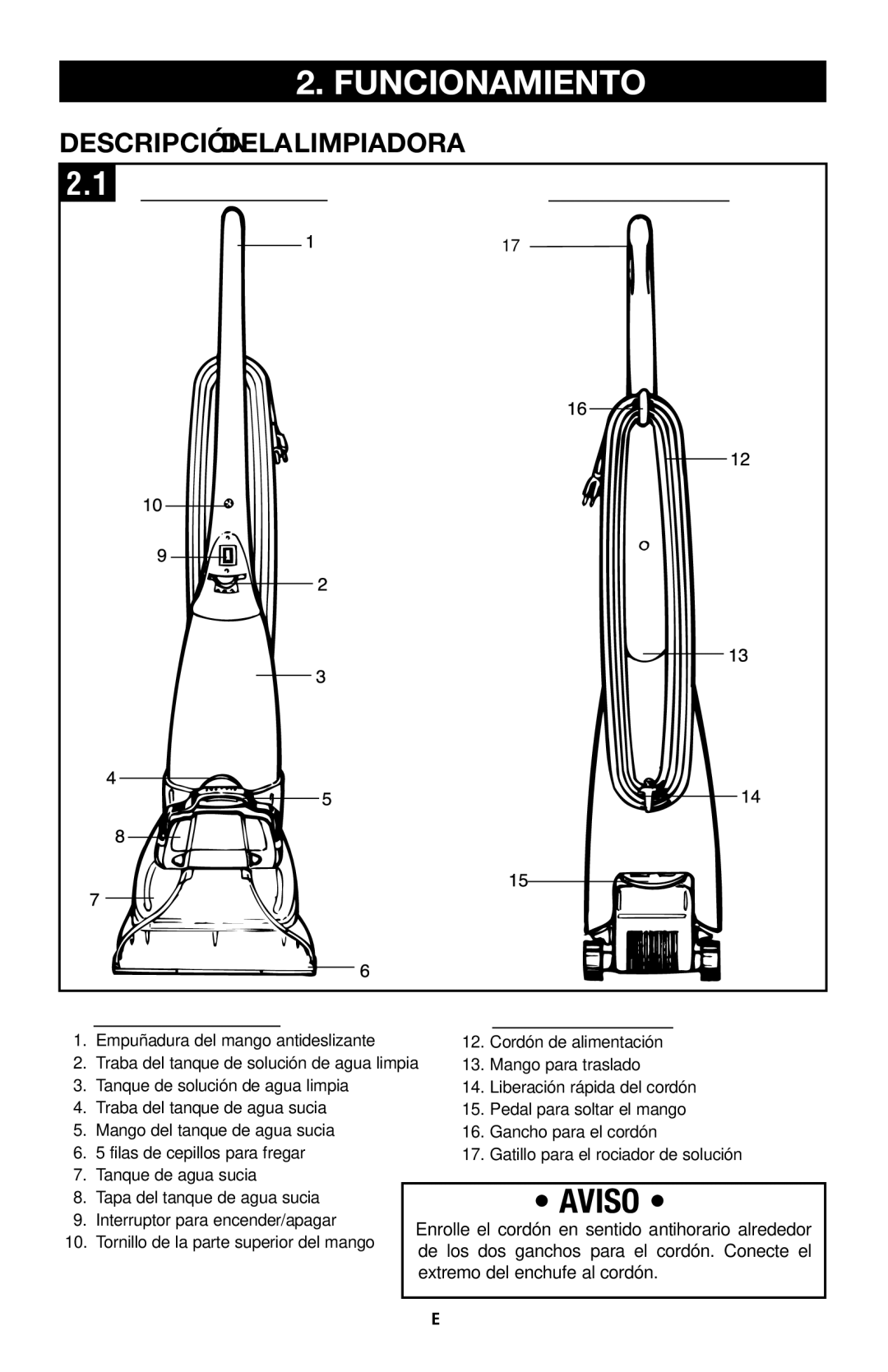 Hoover E1 owner manual Funcionamiento, Descripción DE LA Limpiadora 