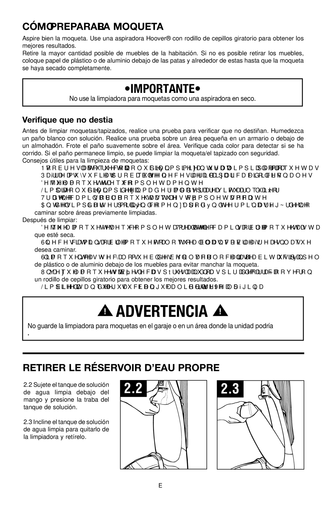 Hoover E1 owner manual Cómo Preparar LA Moqueta, Retirer le réservoir d’eau propre 