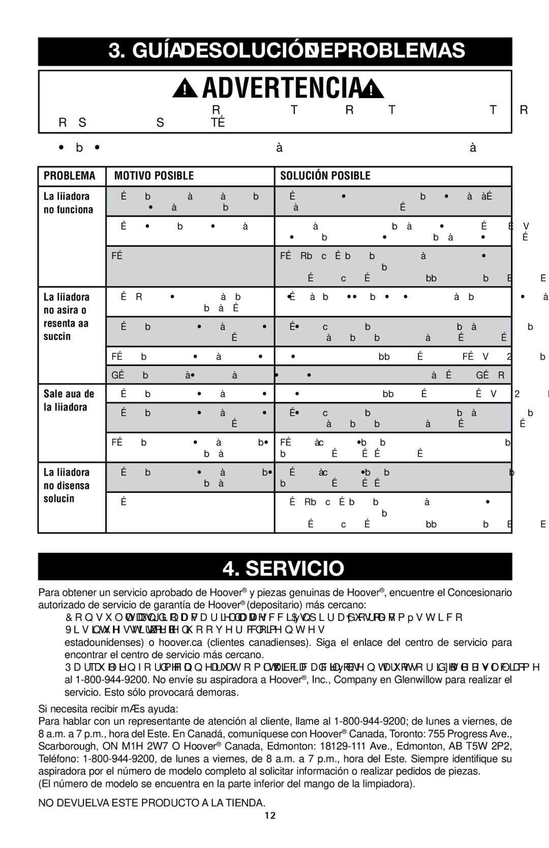 Hoover E1 owner manual Servicio, Motivo Posible Solución Posible 