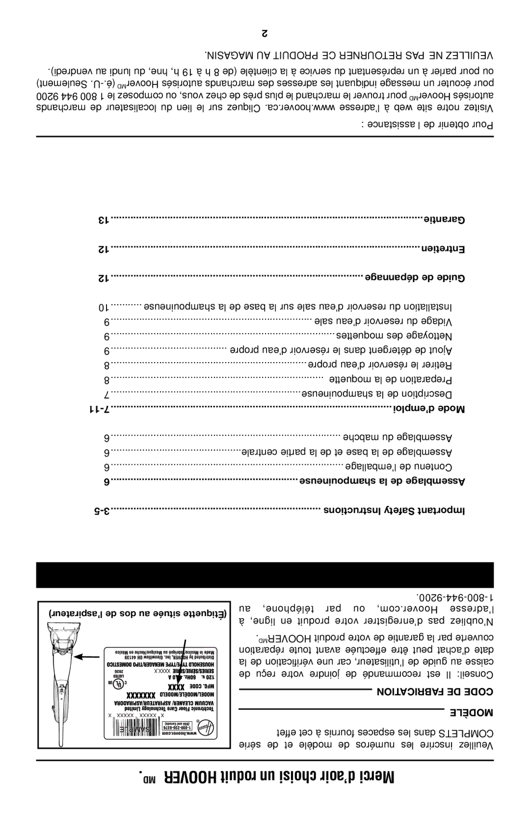 Hoover E1 owner manual Contenu, Merci d’avoir choisi un produit Hoovermd 