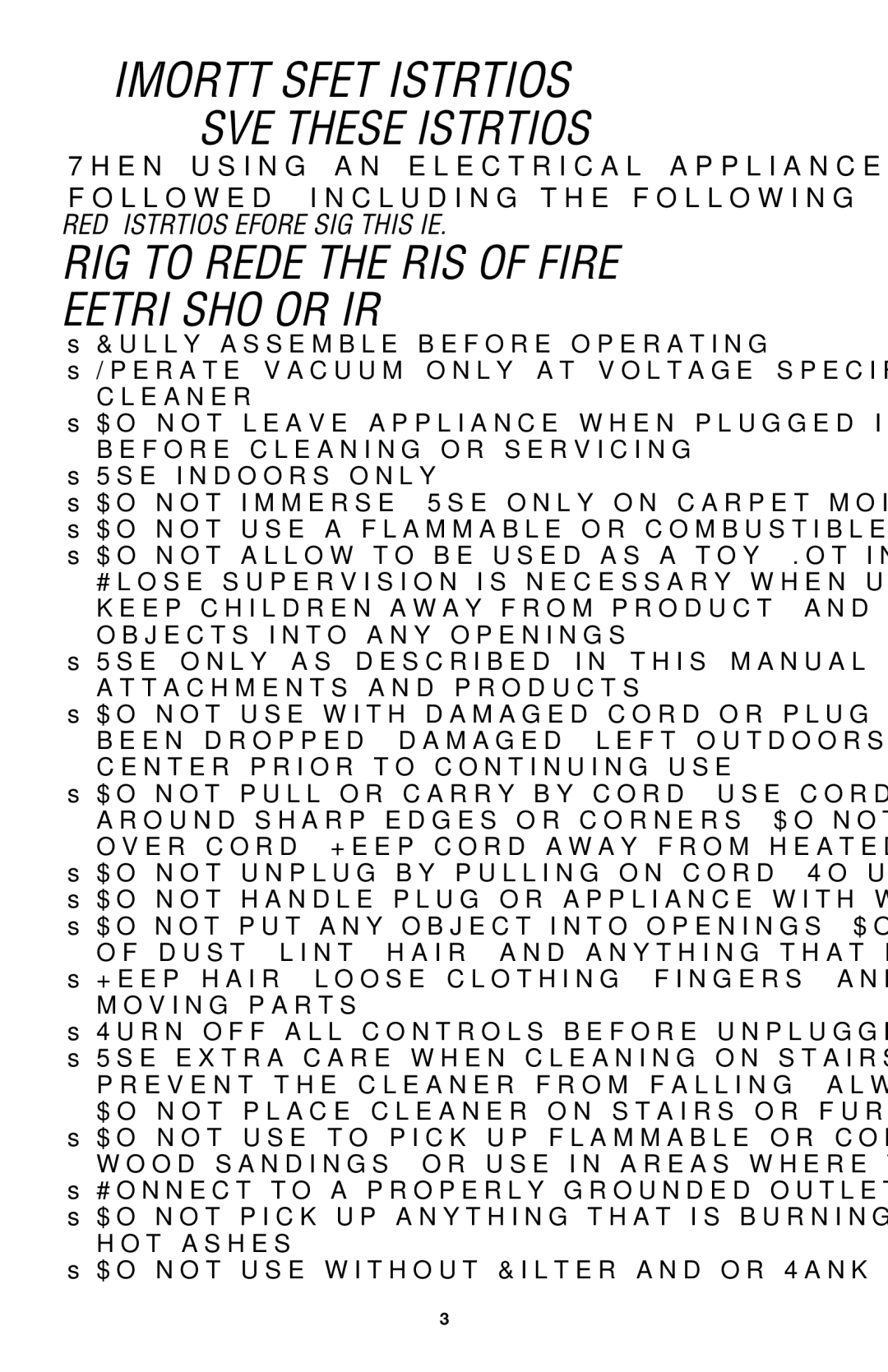 Hoover E1 owner manual Important Safety Instructions 