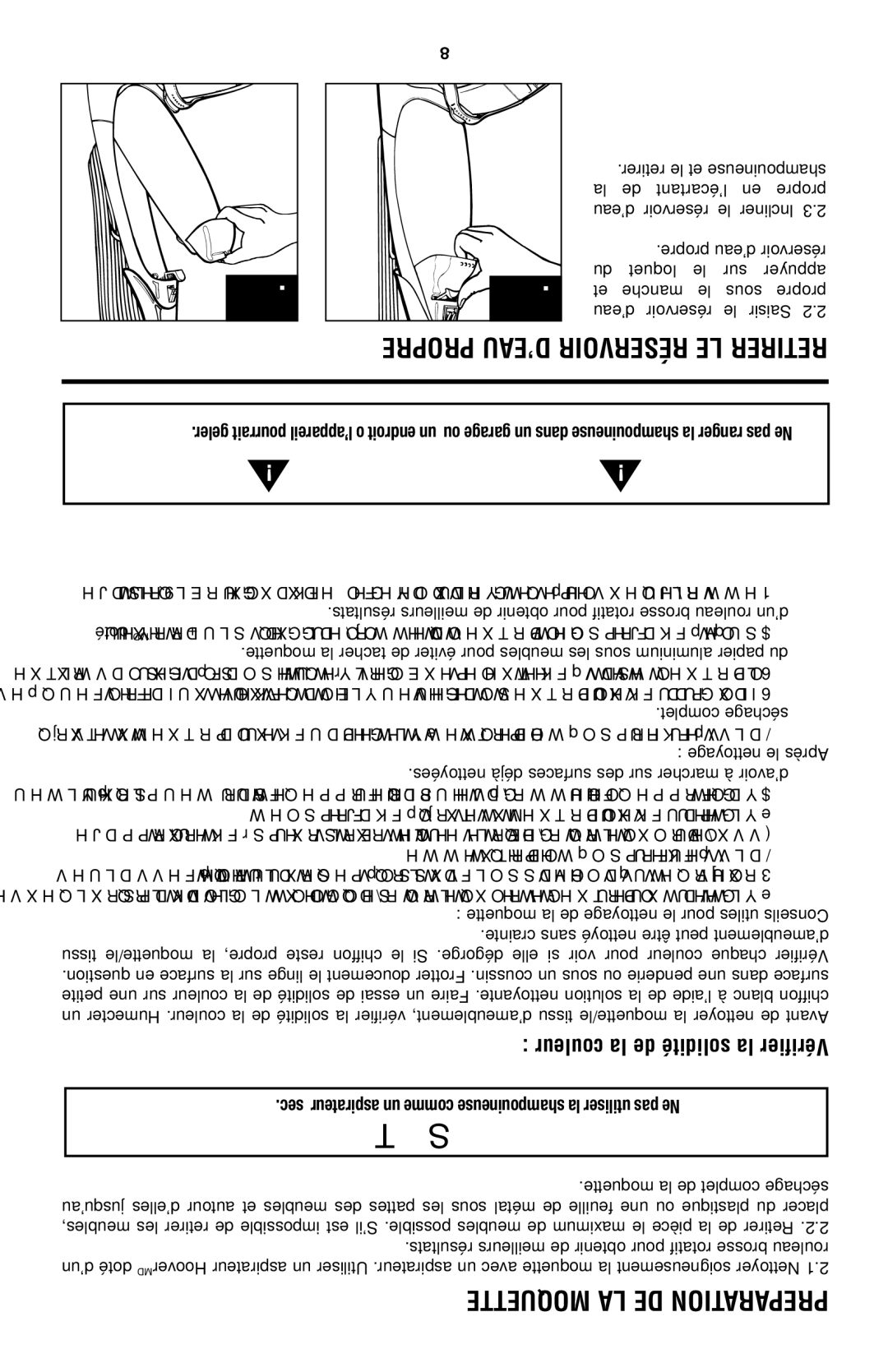 Hoover E1 owner manual Preparation DE LA Moquette, Vérifier la solidité de la couleur 