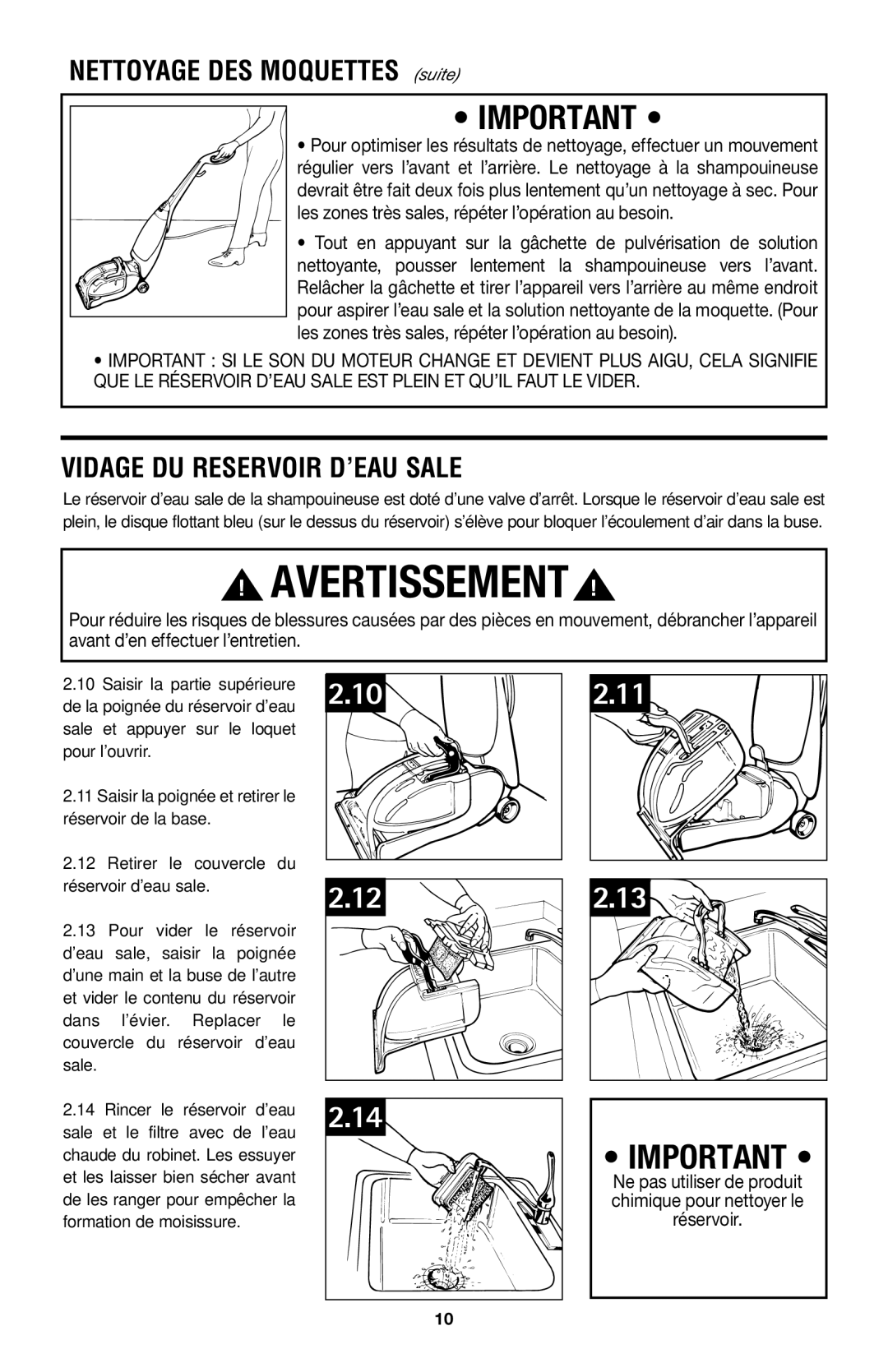 Hoover E1 owner manual Nettoyage DES Moquettes suite, Vidage DU Reservoir D’EAU Sale 