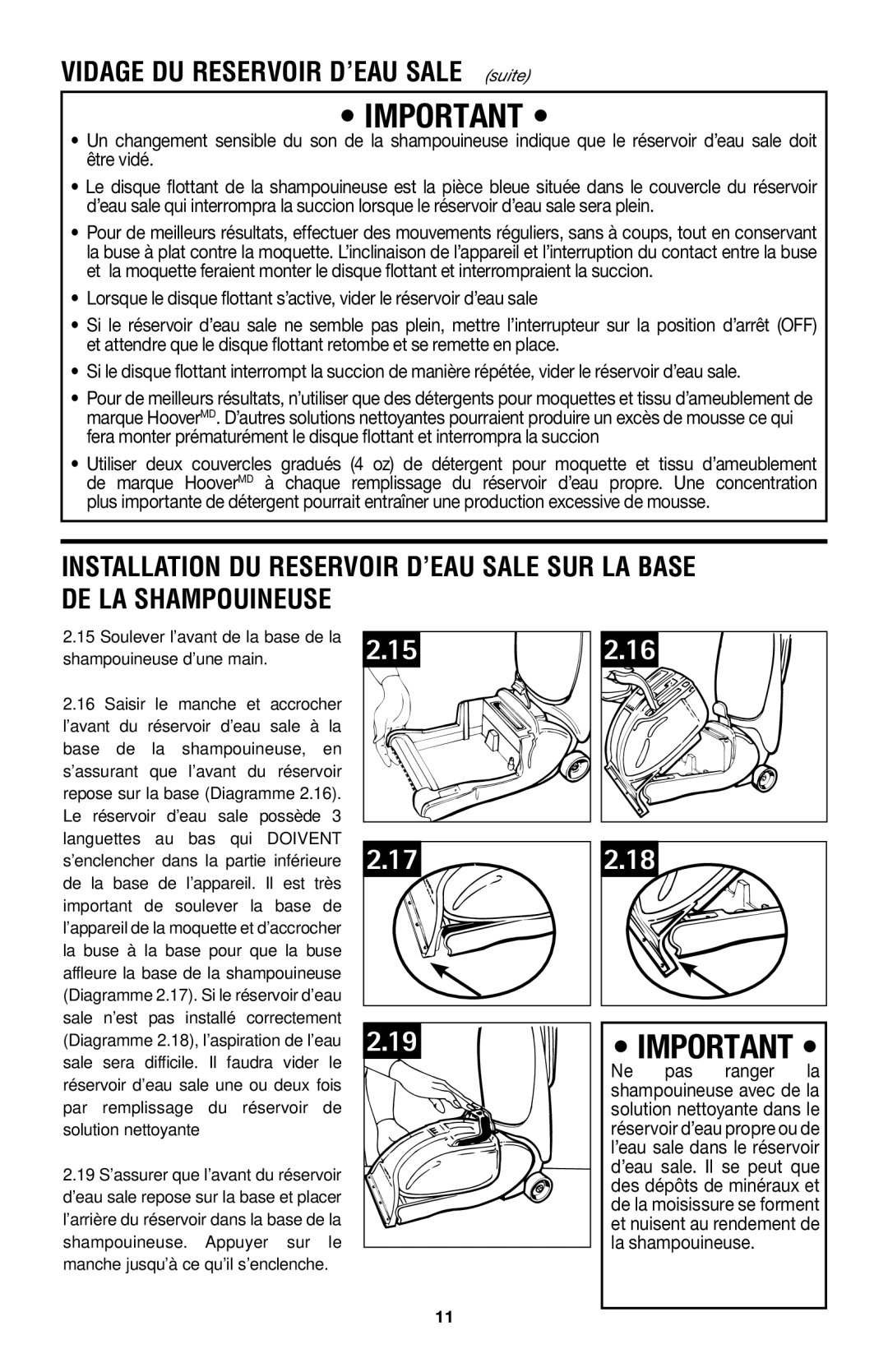 Hoover E1 owner manual 152.16, Vidage DU Reservoir D’EAU Sale suite 