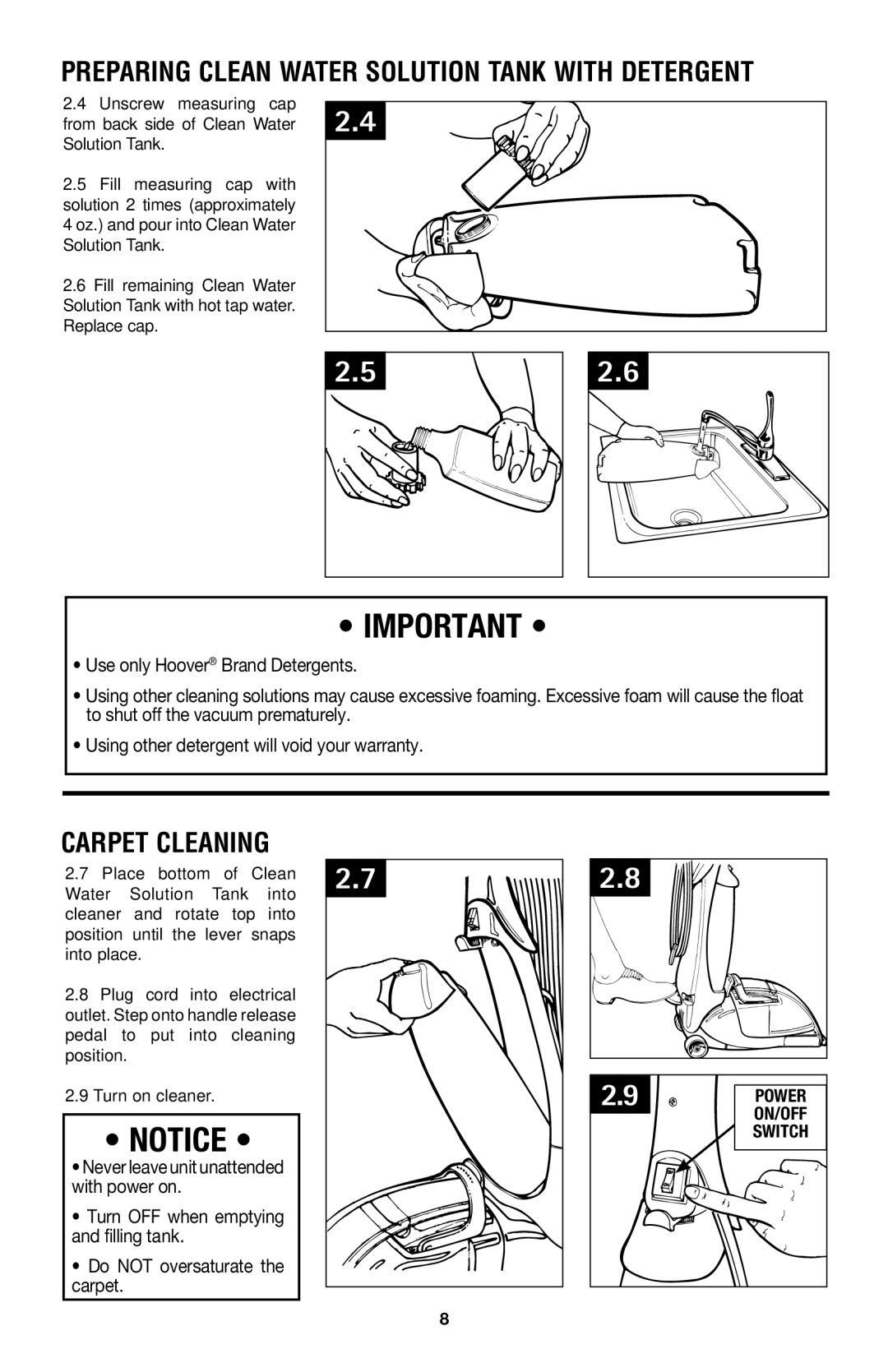 Hoover E1 owner manual Preparing Clean Water Solution Tank with Detergent, Carpet Cleaning 