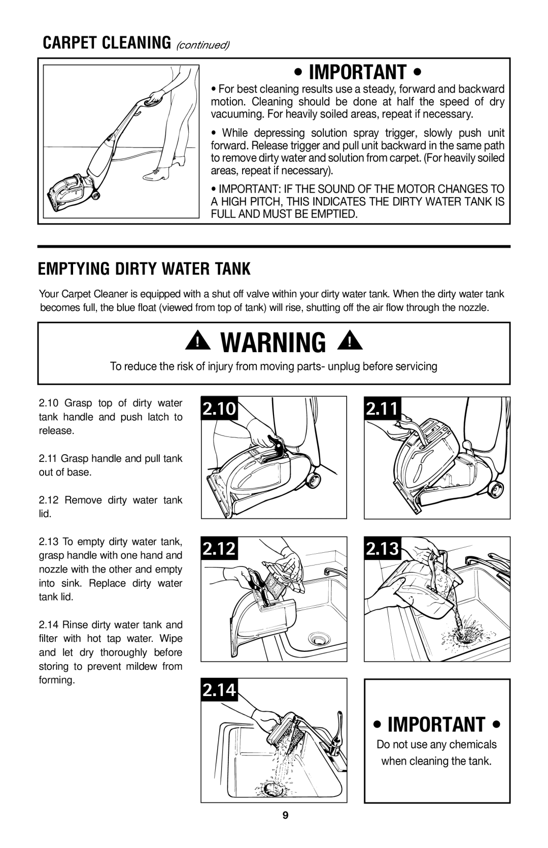 Hoover E1 owner manual Carpet Cleaning, Emptying Dirty Water Tank 