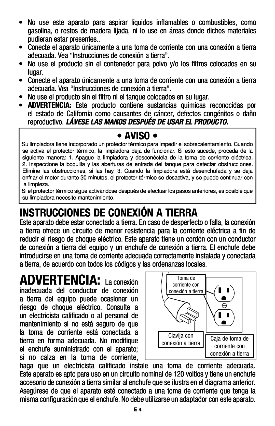 Hoover E1 owner manual Instrucciones De Conexión A Tierra, Aviso, ADVERTENCIA La conexión 