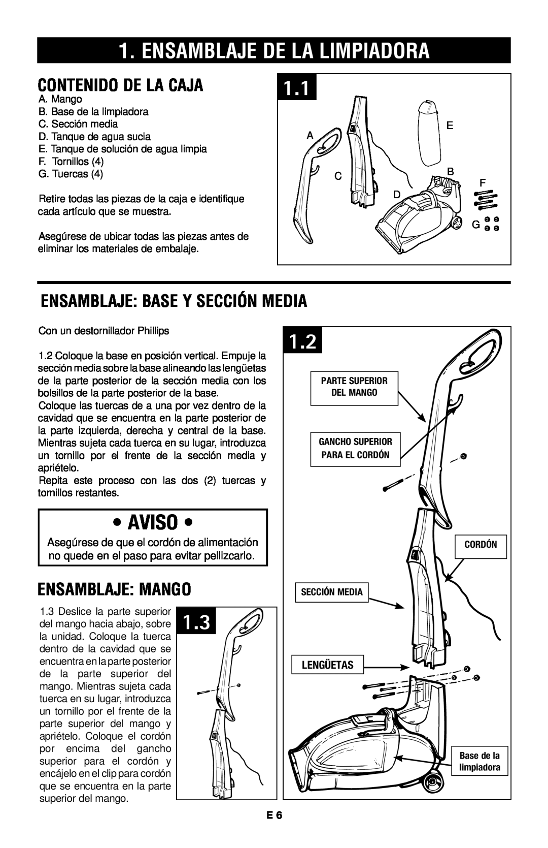 Hoover E1 owner manual Contenido De La Caja, Ensamblaje Base Y Sección Media, Ensamblaje Mango, Aviso, Lengüetas 
