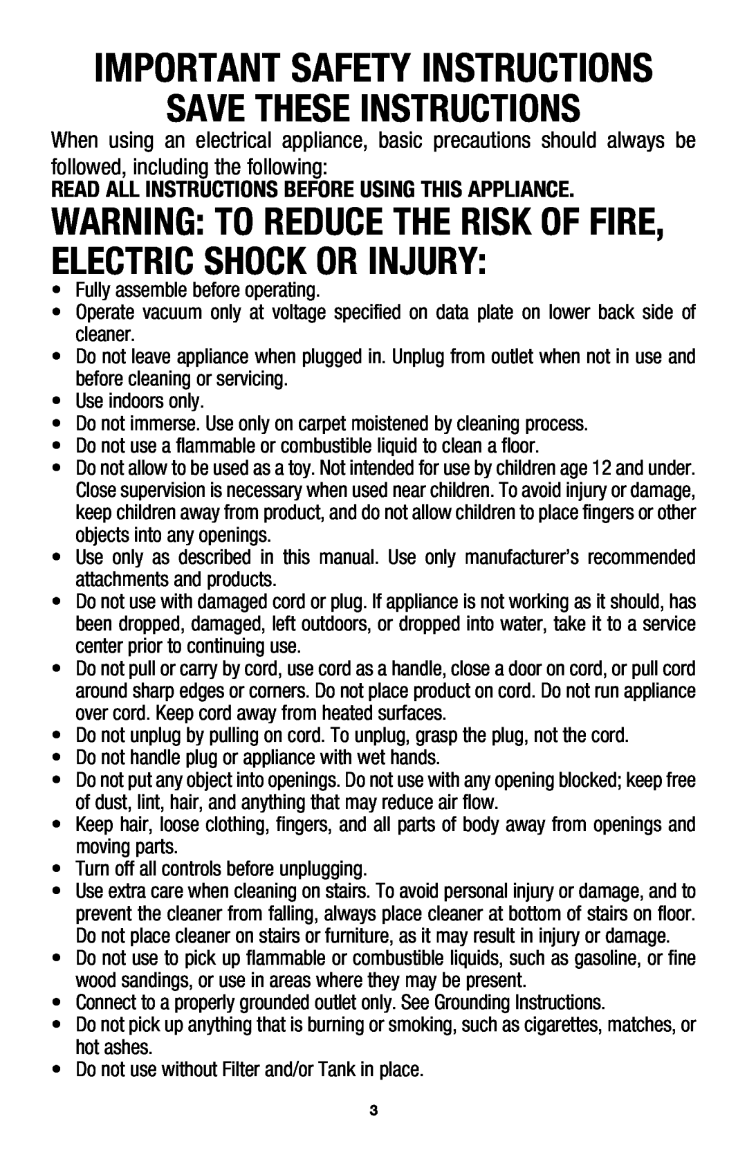 Hoover E1 Save These Instructions, Read All Instructions Before Using This Appliance, Important Safety Instructions 