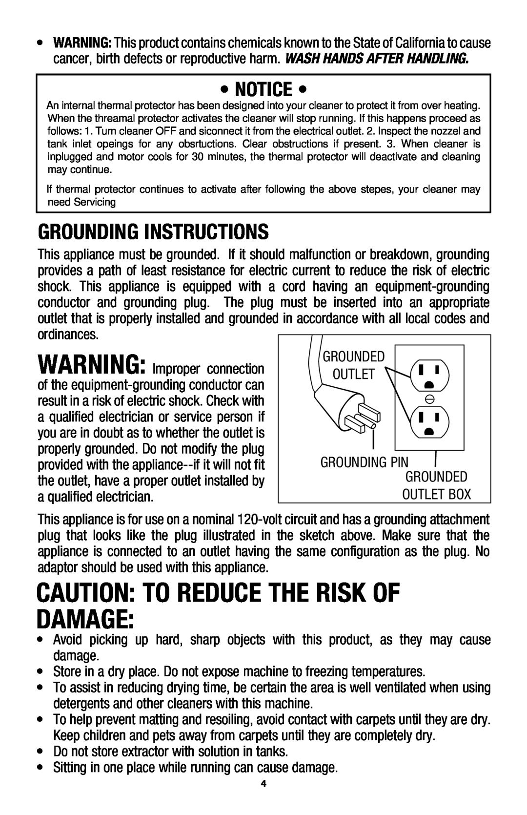 Hoover E1 owner manual Caution To Reduce The Risk Of Damage, Grounding Instructions 
