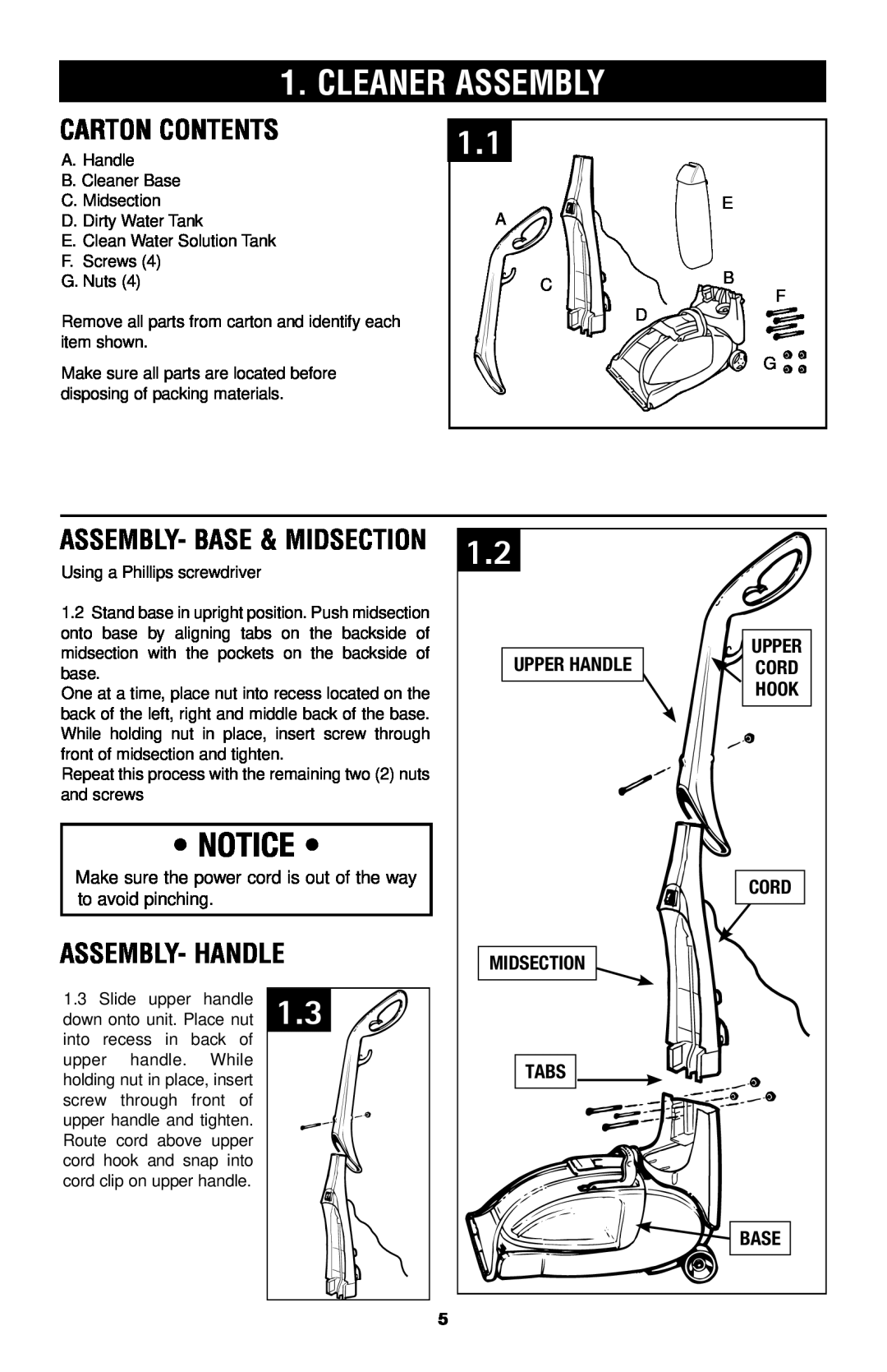 Hoover E1 owner manual Carton contents, ASSEMBLY- Handle, ASSEMBLY- Base & Midsection, CleanerVacuum ASSEMBLY, Upper Handle 
