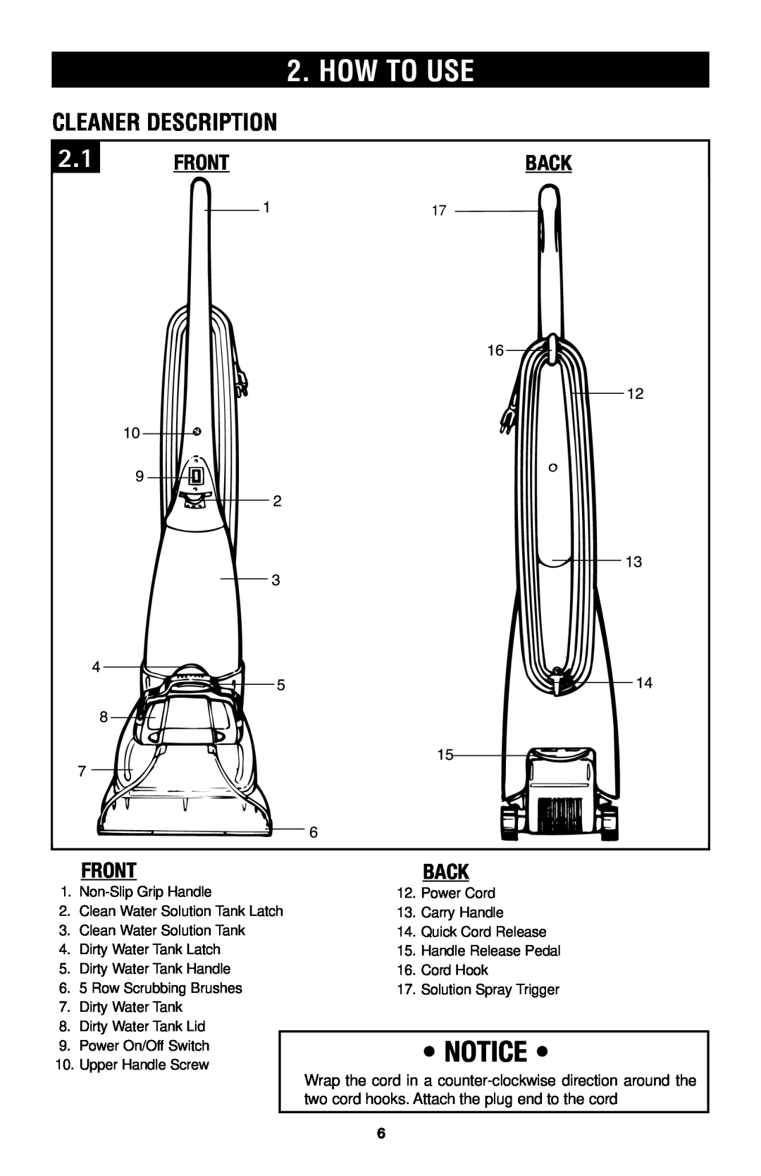 Hoover E1 owner manual How To Use, Cleaner Description, Front, Back 