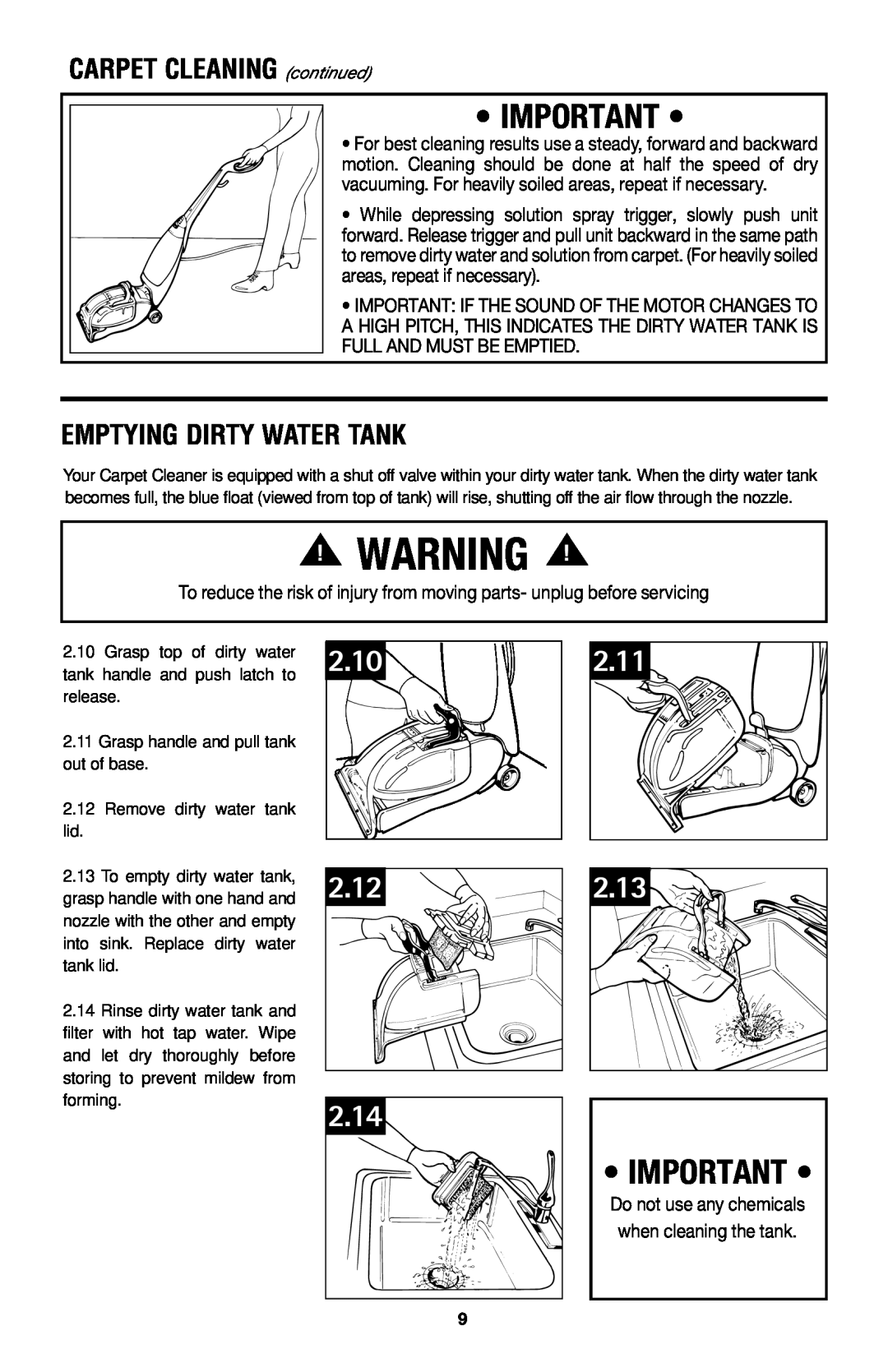 Hoover E1 owner manual 2.10 2.12, 2.14, 2.11, 2.13, CARPET CLEANING continued, Emptying Dirty Water Tank 