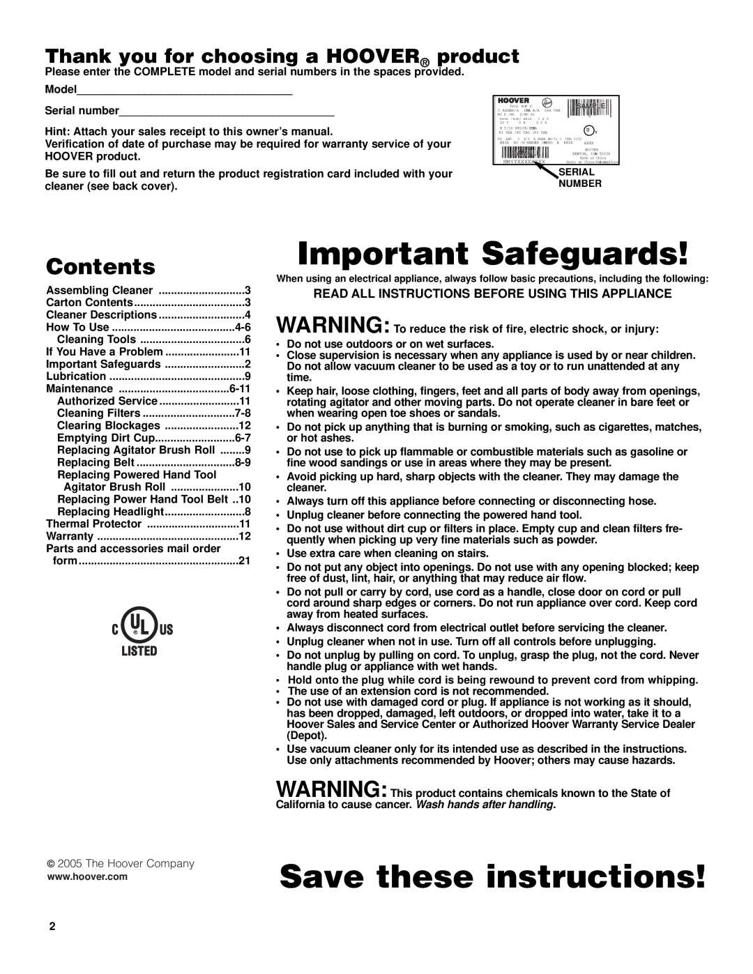 Hoover Elite Rewind Upright Cleaner owner manual Important Safeguards, Contents 