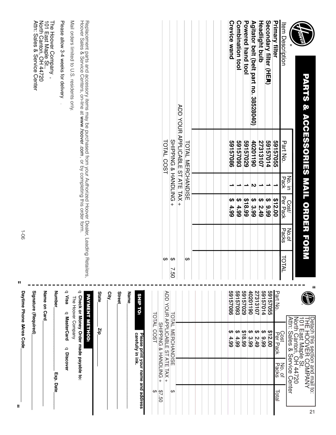 Hoover Elite Rewind Upright Cleaner owner manual No. Cost No.of, Pack Per Pack Packs, Detach this section and mail to 