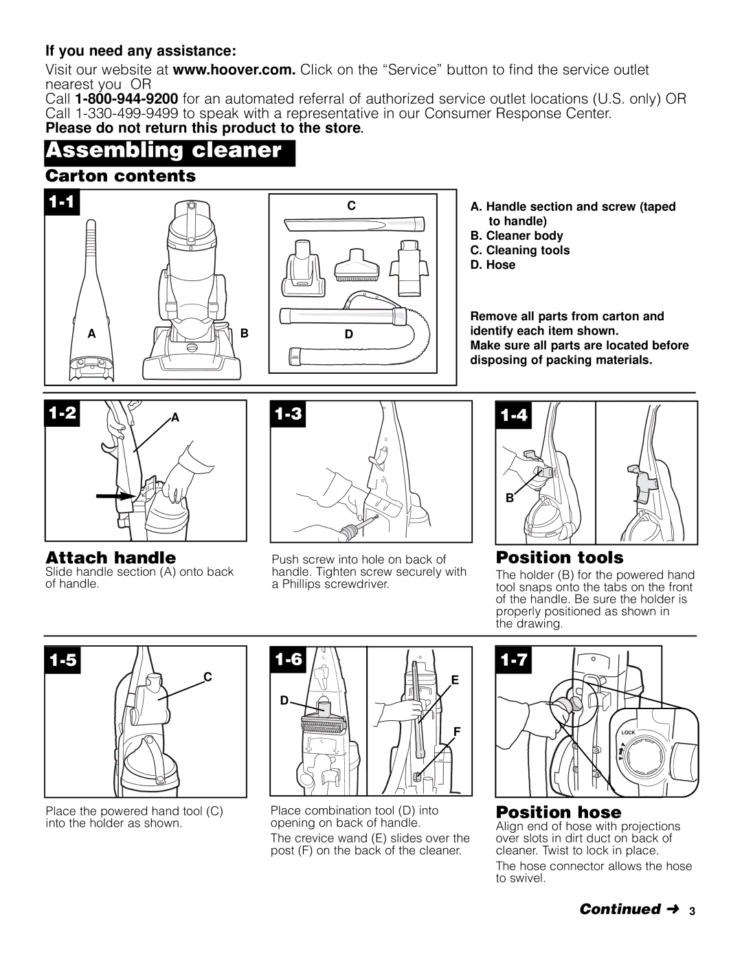 Hoover Elite Rewind Upright Cleaner owner manual Carton contents, Attach handle, Position tools, Position hose 