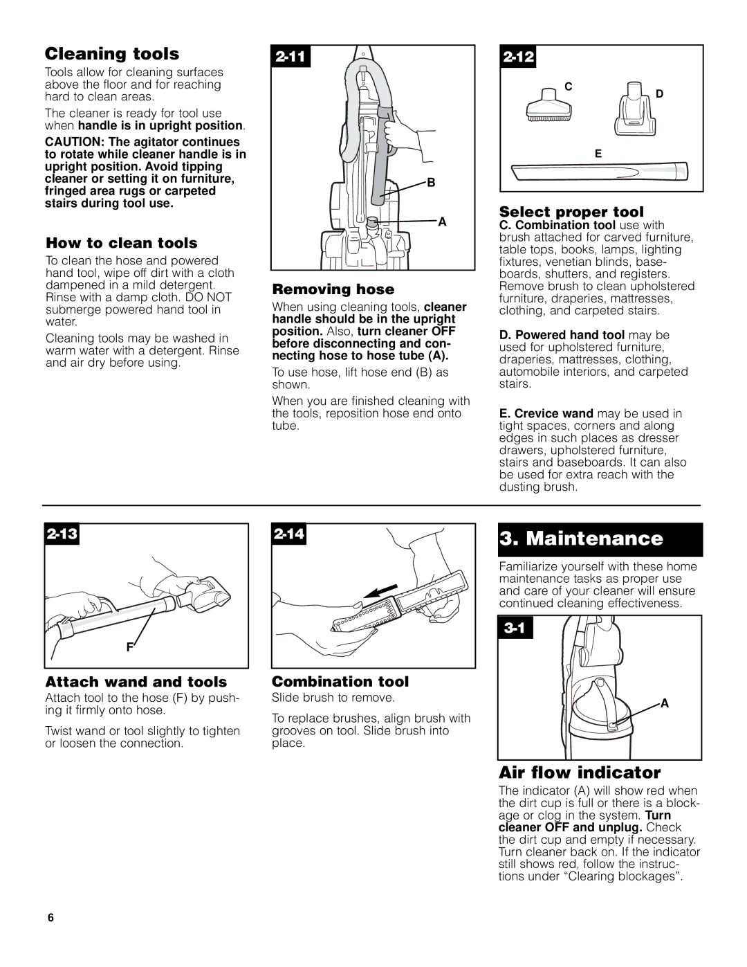 Hoover Elite Rewind Upright Cleaner owner manual Cleaning tools, Air flow indicator 