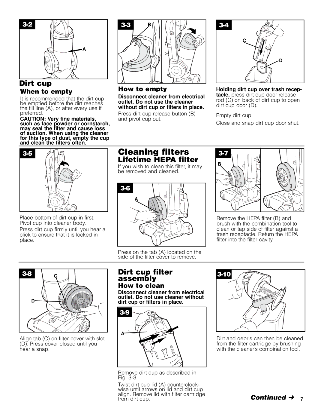 Hoover Elite Rewind Upright Cleaner owner manual Lifetime Hepa filter, Dirt cup filter assembly 