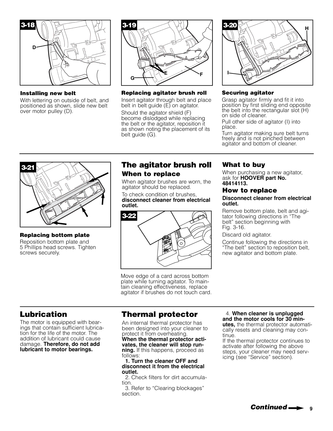 Hoover Elite Rewind Upright Cleaner owner manual Agitator brush roll, Lubrication, Thermal protector 