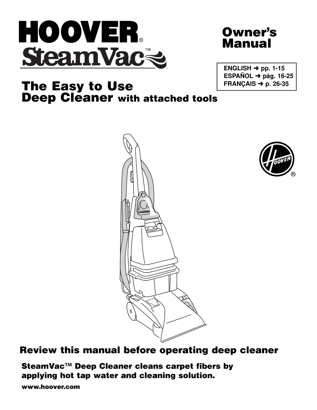 Hoover F5906900 owner manual Deep Cleaner with attached tools, Review this manual before operating deep cleaner 