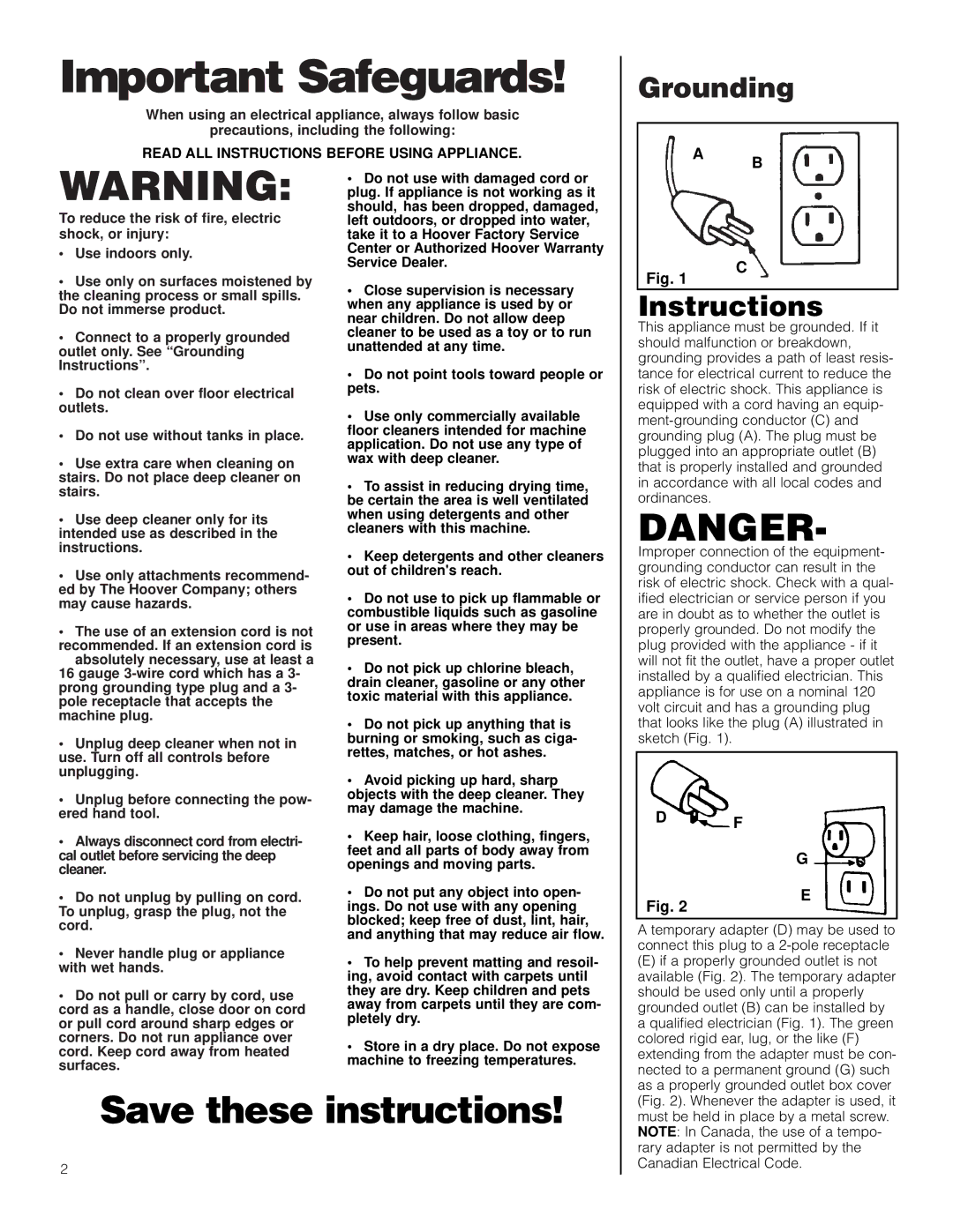 Hoover F5906900 owner manual Grounding, Instructions 