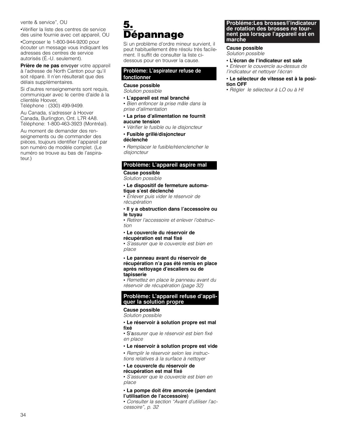 Hoover F5906900 owner manual Dépannage 