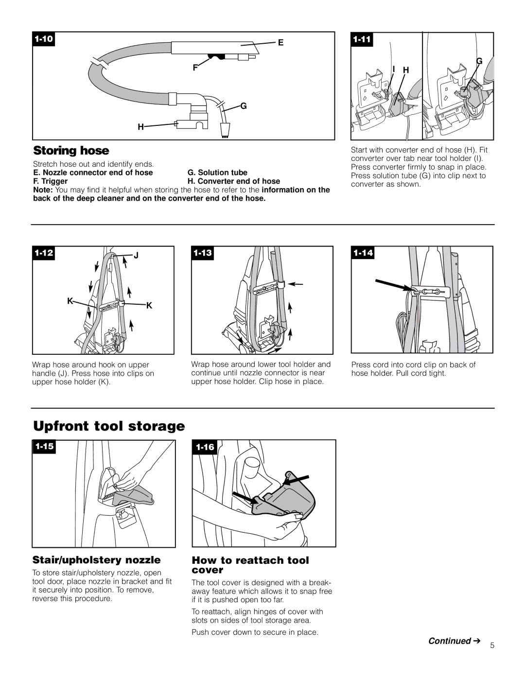 Hoover F5906900 owner manual Upfront tool storage, Storing hose, Stair/upholstery nozzle, How to reattach tool cover 