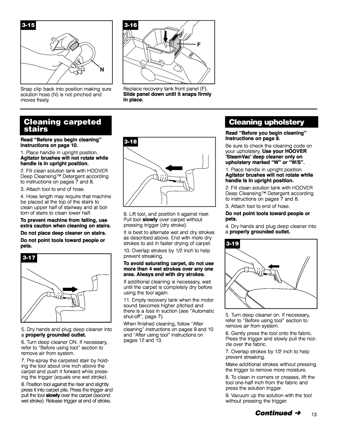 Hoover F5906900 owner manual Cleaning carpeted stairs, Continued, Cleaning upholstery, 3-15, 3-16, 3-17, 3-18, 3-19 